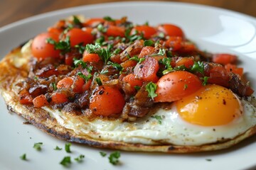 Savory fried eggs with tomato relish. Perfect for breakfast menus, blogs, or recipe sites; showcases a delicious and healthy meal.