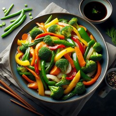 A colorful mix of stir fried vegetables like bell peppers brocco