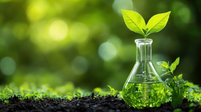 A green plant sprouting from a laboratory flask symbolizes eco-friendly science.