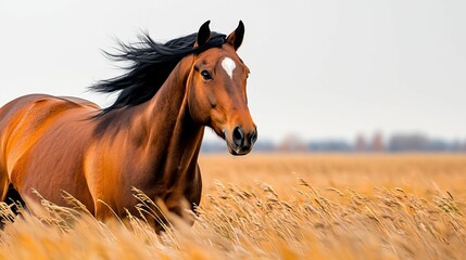 Obraz premium freedom movement and authentic, A horse gallops gracefully through golden fields, showcasing its strength and beauty against a serene backdrop.