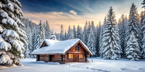 Snowy winter landscape with a cozy cabin in the woods , snow, winter, Christmas, holiday, landscape, nature, cold, cabin, woods
