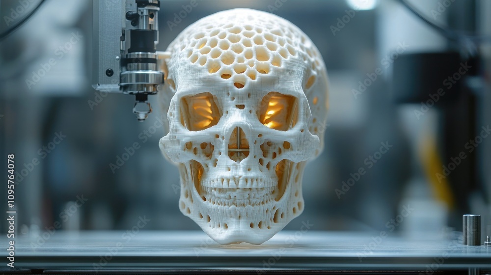 Poster a 3d-printed skull with a honeycomb structure, illuminated from within, showcasing technology.