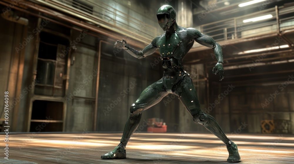 Poster a futuristic humanoid robot in a dynamic pose within an industrial setting.