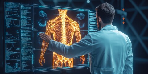 Medical AI treatment biometrics concept. A scientist interacts with a glowing, digital representation of the human body, showcasing advanced medical technology and anatomy.