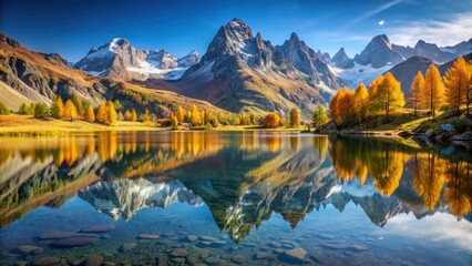 Landscape of Lac Long with Massif Des Cerces reflection in autumn at Claree valley, France , nature, scenic