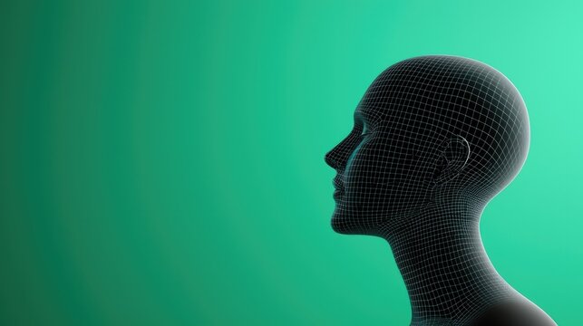 A digital silhouette of a human head, composed of glowing dots, set against a vibrant green background, symbolizing technology and artificial intelligence.