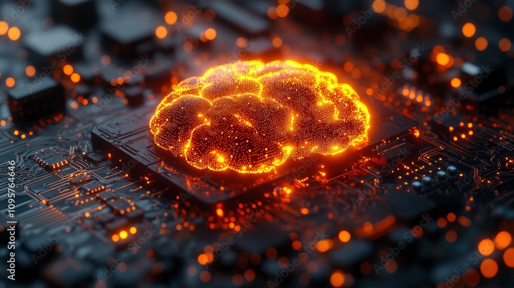 Poster glowing neural network on a circuit board background