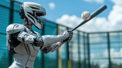 A humanoid robot prepares to hit a baseball with a bat in a sports setting.