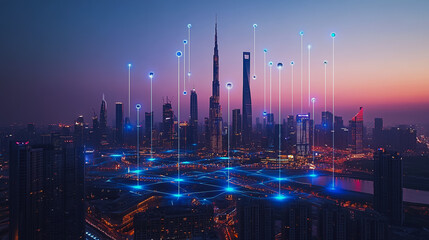 Smart digital city with connection Innovation network reciprocity over the sunset cityscape Concept of future  wireless digital city and social media networking systems that connects business people