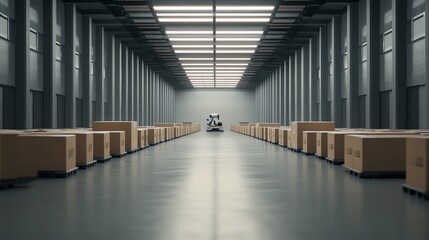 Spacious warehouse with stacked boxes and a central robotic system.