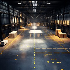 Spacious warehouse interior with stacks of wooden pallets under bright lights.