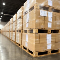 Stacked pallets of boxes in a warehouse with a tidy, organized appearance.