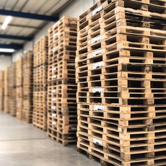 Stacked wooden pallets in a warehouse setting, organized and ready for use.