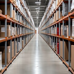 Warehouse aisle filled with stacked boxes and shelves.