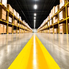 Warehouse interior with boxes on shelves and a yellow line on the floor.