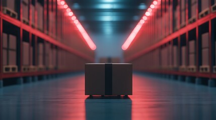 Warehouse interior with a box illuminated by red lights, ideal for logistics themes.