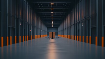 Warehouse interior with long aisles and cargo in center on a reflective floor.
