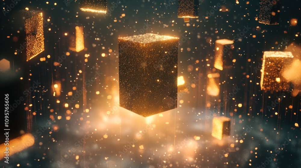 Poster glowing golden cubes and particles float in dark space.