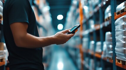 Warehouse worker using smartphone in storage aisle with shelves around.