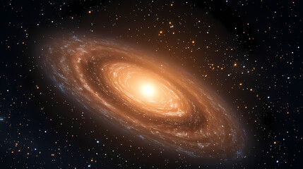 Fototapeta premium A spiral galaxy with a bright core and swirling arms, set against a background of twinkling stars. Whirling Cosmic Galaxy. Illustration