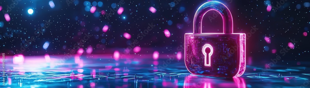 Poster futuristic padlock icon merging with ai neural technology in a digital landscape for enhanced securi