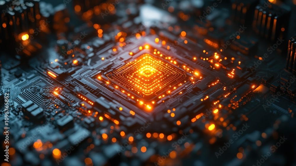 Poster a close-up view of a glowing circuit board, showcasing intricate electronic components.