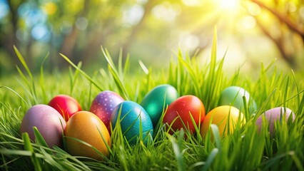 Colorful easter eggs hidden in lush green grass, Easter, eggs, decorations, holiday, vibrant, pastel colors, spring