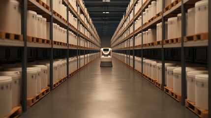 Automated cart in a modern warehouse on a clear path between storage containers.