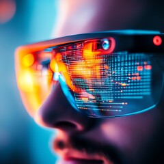 Close-up of a person's face with futuristic smart glasses displaying digital data.