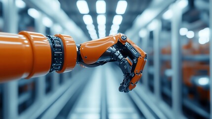 Close-up of an orange robotic arm in an automated factory setting.