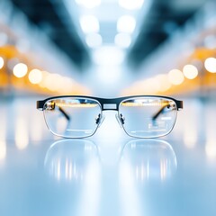 Close-up of stylish eyeglasses on a modern reflective surface with blurred background.