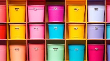 Colorful storage bins arranged neatly on a shelf, vibrant aesthetic.