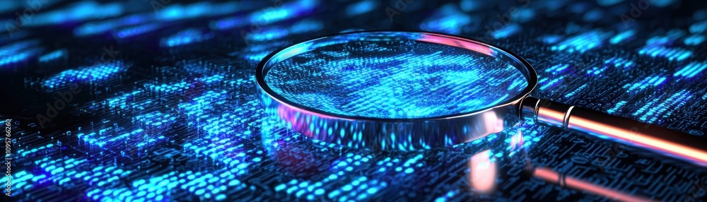 Poster exploring ai insights a magnifying glass over binary code in a digital realm