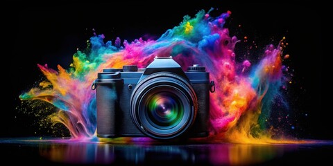 Acrylic camera with colorful dispersion effect on black background, render, acrylic,camera