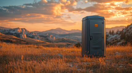 Portable toilet and camping toilet. A portable restroom stands alone in a scenic landscape, bathed in warm sunset light, surrounded by golden grass and distant mountains.