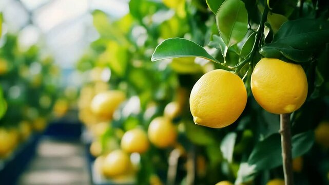Lush lemon grove showcasing ripe yellow citrus fruit hanging from green trees, vibrant display of natures agriculture and beauty of harvest.