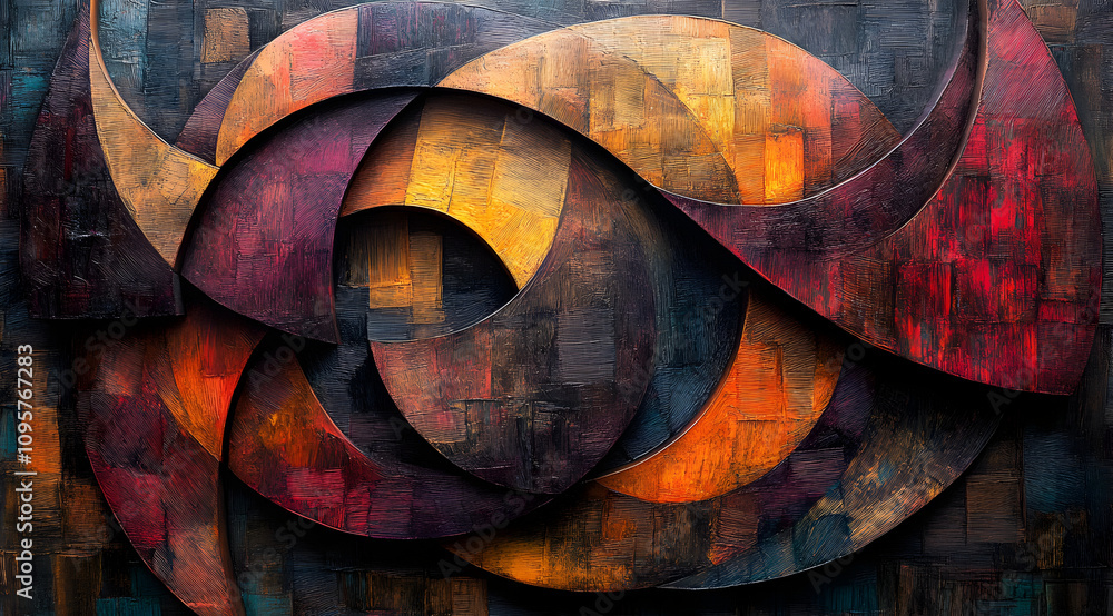 Poster a vibrant abstract composition featuring swirling shapes in warm hues, creating a sense of depth and