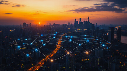 Fototapeta premium Smart digital city with connection Innovation network reciprocity over the sunset cityscape Concept of future wireless digital city and social media networking systems that connects business people