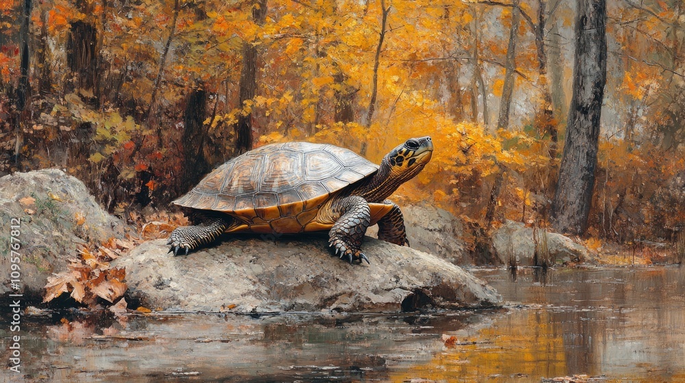 Poster turtle resting on a rock surrounded by autumn foliage by a calm stream