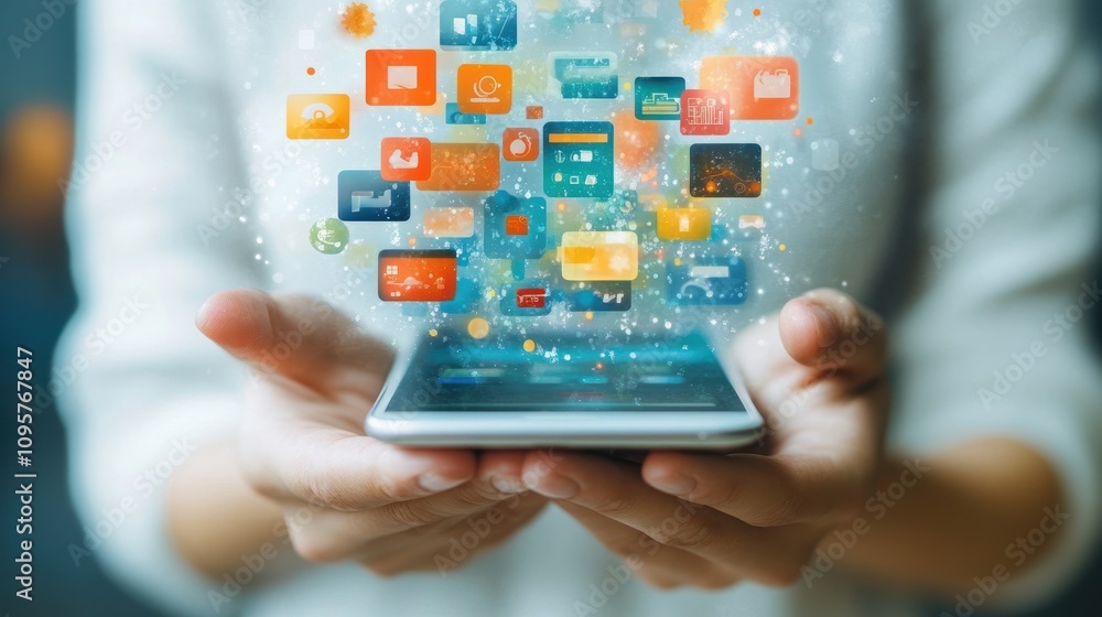 Poster a person holds a smartphone with floating app icons, symbolizing digital connectivity.