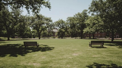 Serene park scene with benches under lush green trees