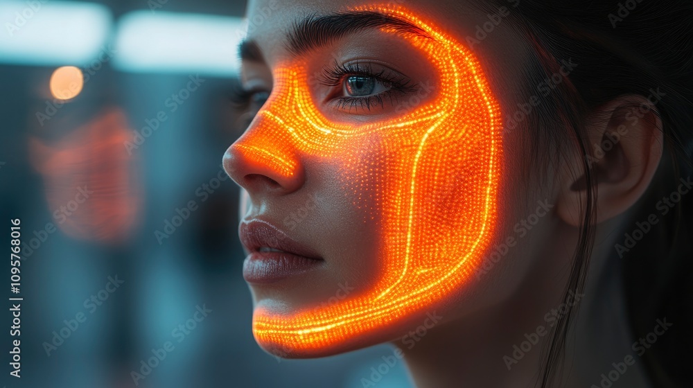 Aufkleber glowing face with intricate light patterns in a modern setting