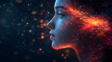 A captivating profile of a woman with vibrant cosmic elements, blending beauty and mystique in a dark, starry backdrop.