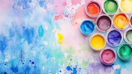 Vibrant watercolor paints on a colorful artistic background