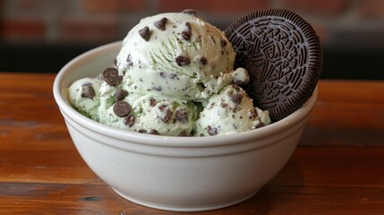 A bowl of mint chocolate chip ice cream with cookie pieces and an Oreo cookie on the side.