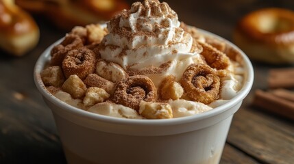 Obraz premium A dessert cup topped with whipped cream, cinnamon rolls, and chocolate sprinkles.