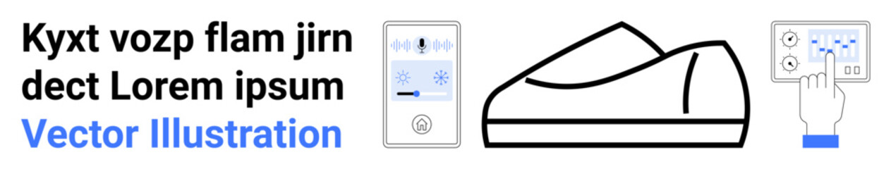 Thermostat display, temperature control switch, smart shoe, and a touchscreen interface with a hand. Ideal for smart technology, home automation, climate control, user interface design, IoT devices