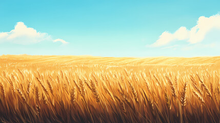 Obraz premium Vast field of golden wheat under a clear blue sky, wheat, field, agriculture, crop, rural, farming, countryside, landscape, nature. Sunlit Wheat Field. Illustration
