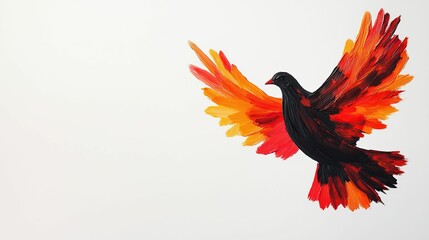Fototapeta premium freedom movement and authentic, A vibrant bird in flight, painted with fiery colors of orange and red against a white background, symbolizing freedom and creativity.