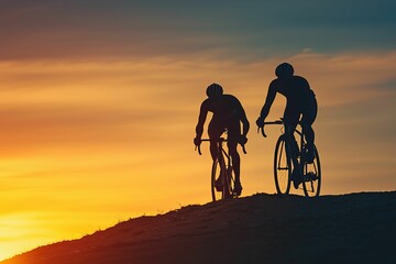 Fototapeta premium freedom movement and authentic, Two cyclists ride against a stunning sunset backdrop, capturing a moment of adventure and freedom in a serene landscape.